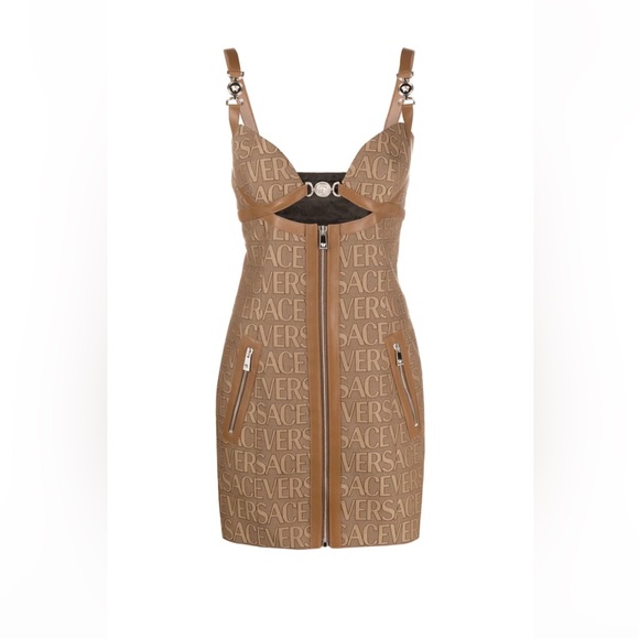 Versace Logo Print Cut Out Monogram Mini Dress Leather Trims IT 42 US 6 $3050 - Picture 8 of 17